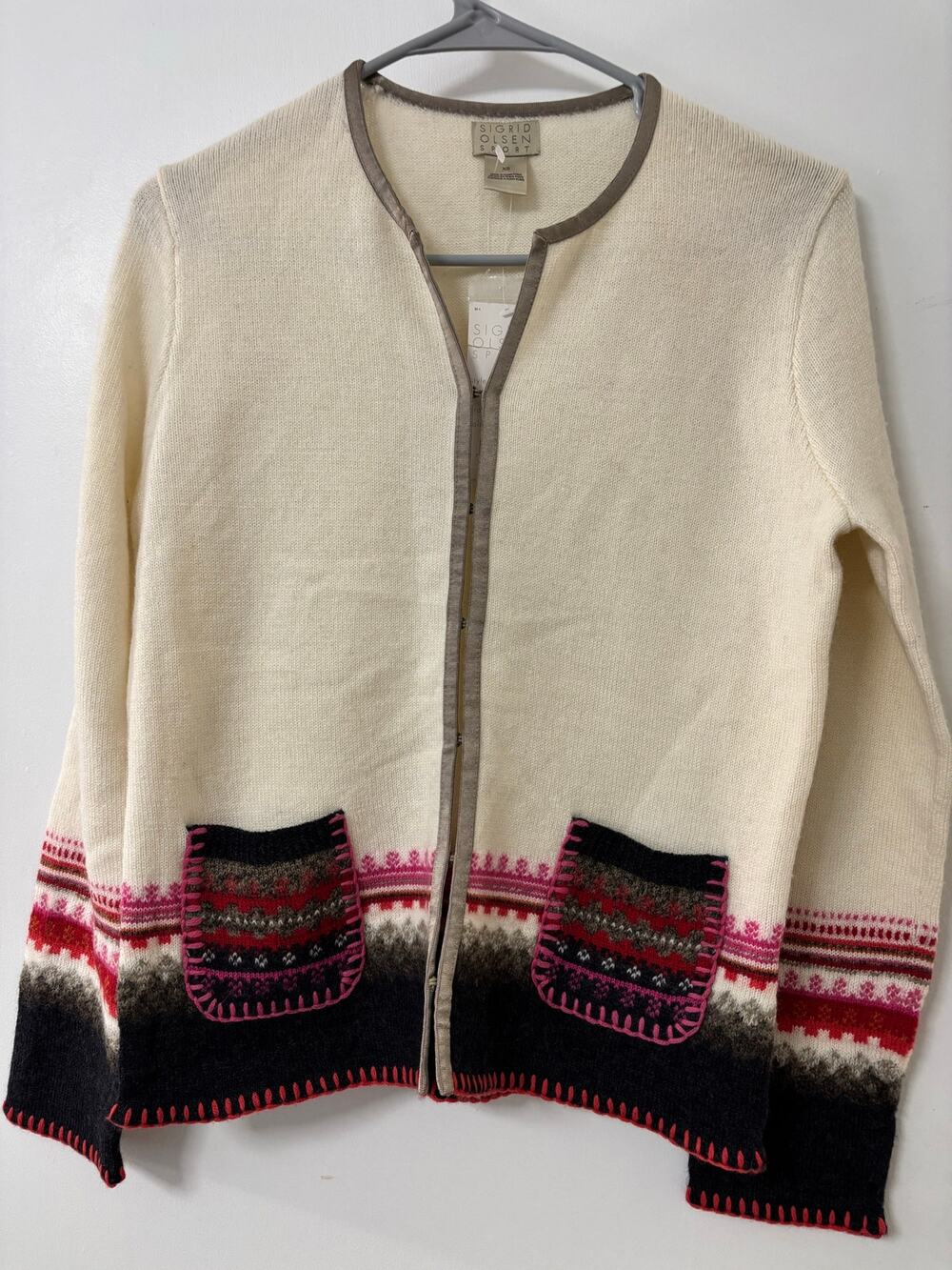 ⁠NWT Sigrid Olsen Sport Wool Cardigan Sweater XS Fair Isle Nordic Ivory Pink⁠